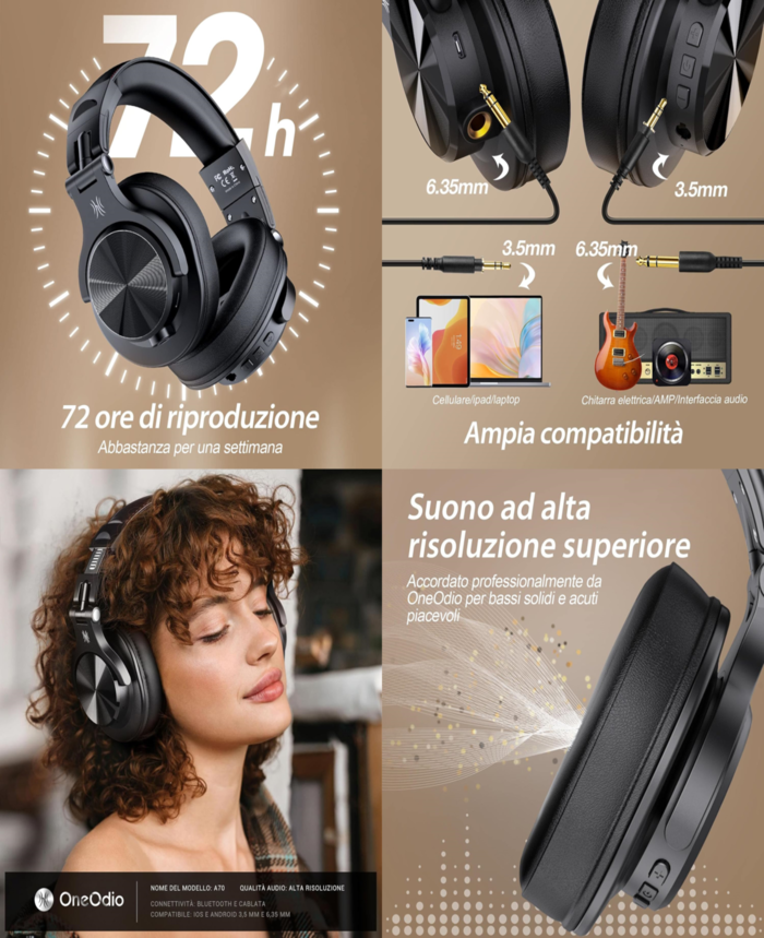 OneOdio Fusion A70 Hi-Res Cuffie DJ Wireless e c/ Cavo, Microfono Stereo Hi-Fi