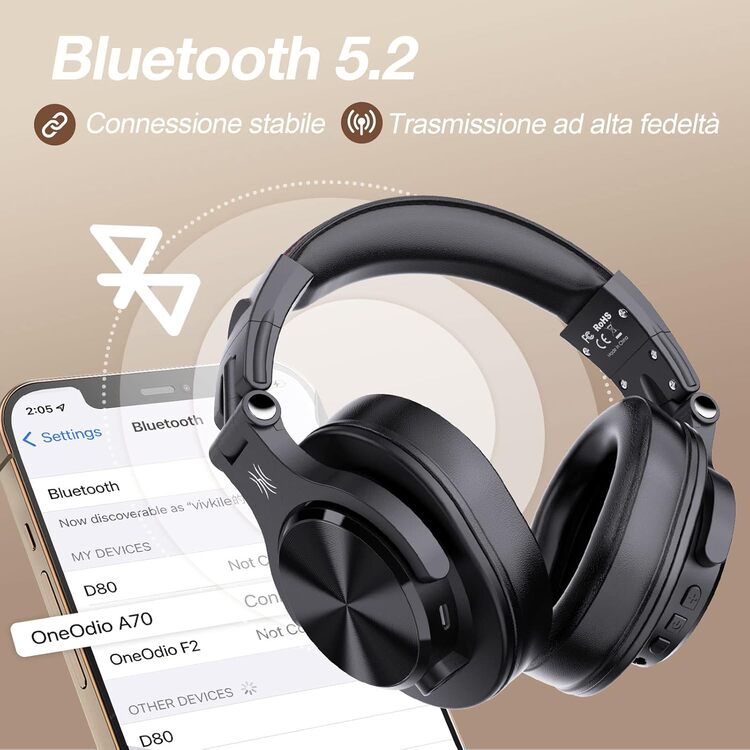 OneOdio Fusion A70 Hi-Res Cuffie DJ Wireless e c/ Cavo, Microfono Stereo Hi-Fi