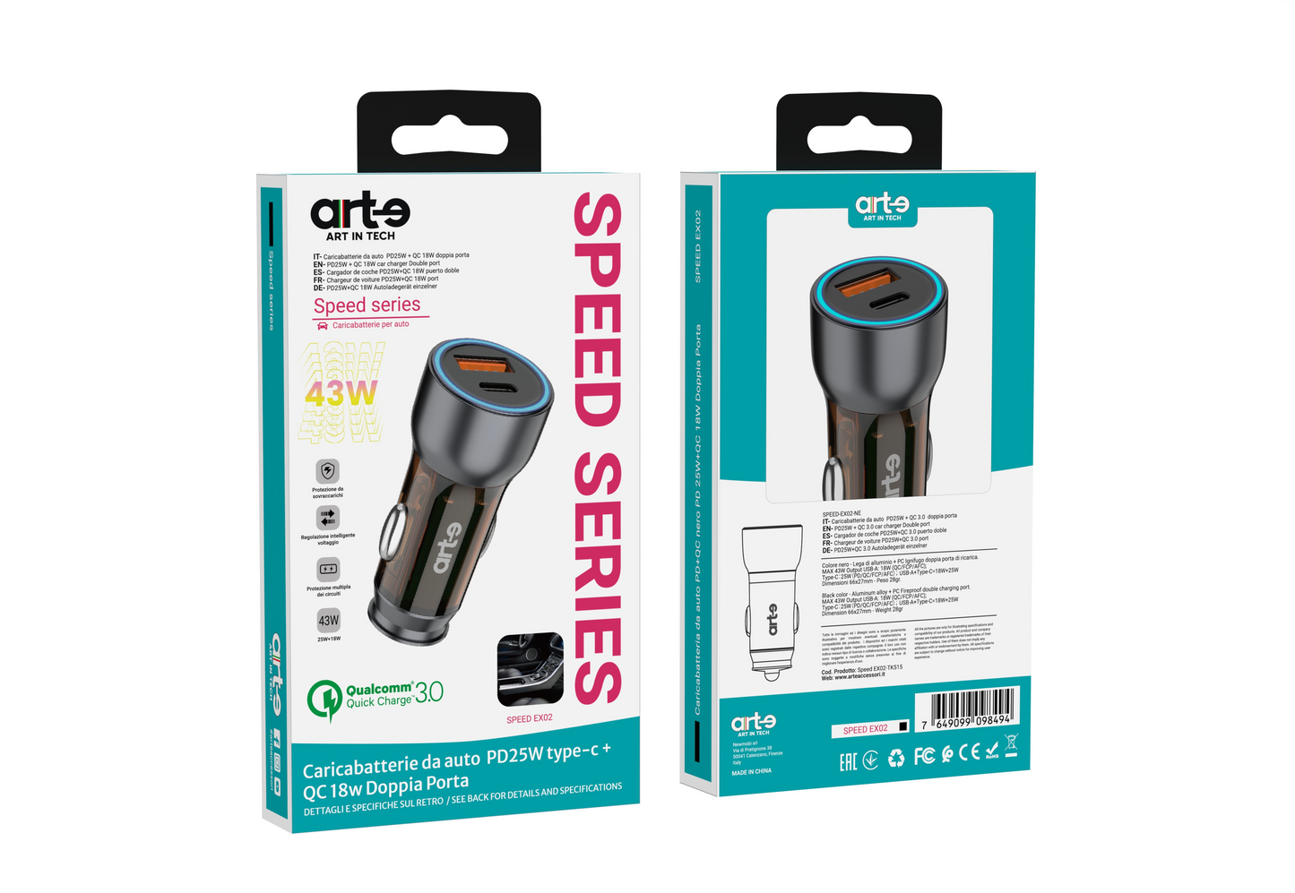 Caricabatteria da auto 18W QC3.0+PD25W serie Speed
